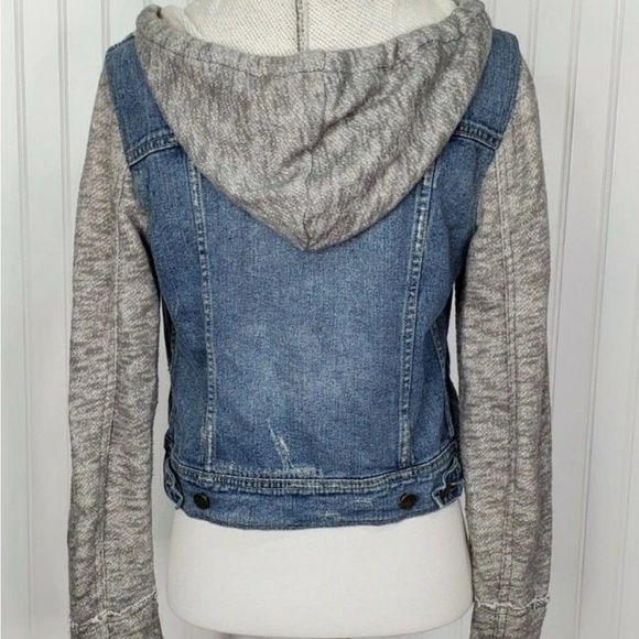 Free People Distressed Blue Denim Jacket with Sweatshirt Sleeves Rare - Picture 5 of 11